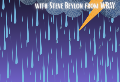 "Don't Rain On My Parade with Steve Beylon from WBAY" Image of clouds and rain.