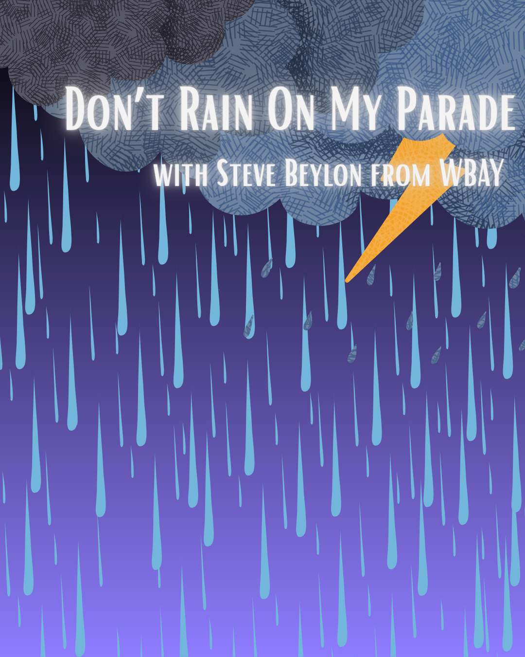 "Don't Rain On My Parade with Steve Beylon from WBAY" Image of clouds and rain.