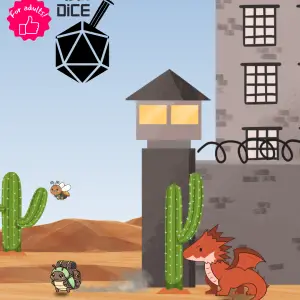 Swords and Dice for adults logo. Image of bugs running from a dragon in front of a jail.