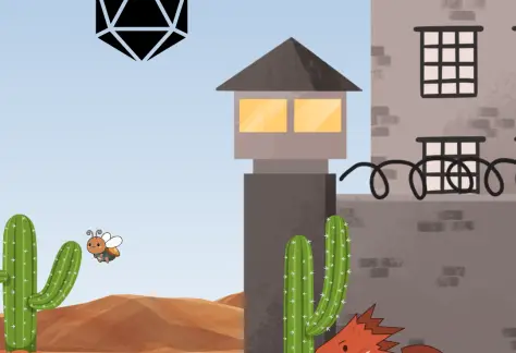 Swords and Dice for adults logo. Image of bugs running from a dragon in front of a jail.