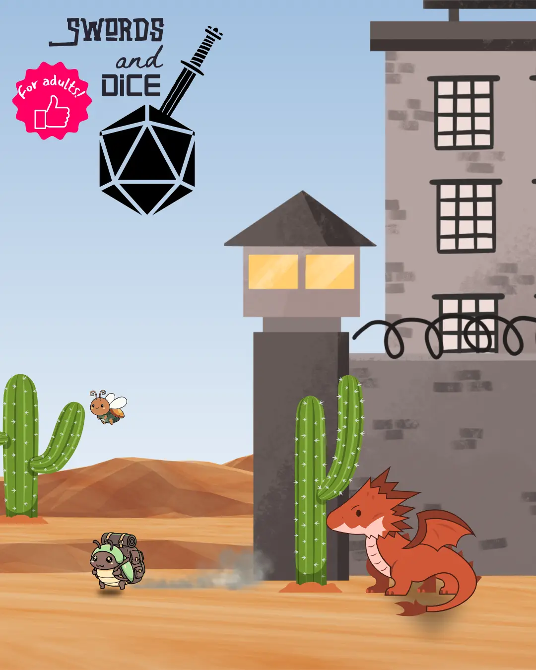 Swords and Dice for adults logo. Image of bugs running from a dragon in front of a jail.