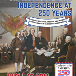 "The Declaration of Independence at 250 Years with David J. Voelker, Ph.D., Frankenthal Family Professor of History & Humanities at the University of Wisconsin-Green Bay July 1 at 6pm Celebrate America 250 at your library!" The painting "Declaration of Independence' by John Trumbull as the background.