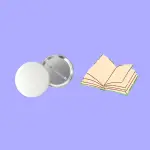 The front & back of two pin-back buttons, next to an open book on a light purple background, links to more information
