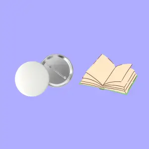 The front & back of two pin-back buttons, next to an open book on a light purple background, links to more information