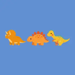 Three colorful cartoon dinosaurs on a blue background, links to more information