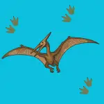 A pterodactyl flying on a turquoise background, surrounded by dinosaur footprints, links to more information