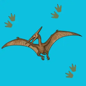 A pterodactyl flying on a turquoise background, surrounded by dinosaur footprints, links to more information