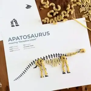Image of a dinosaur skeleton made out of different pasta shapes