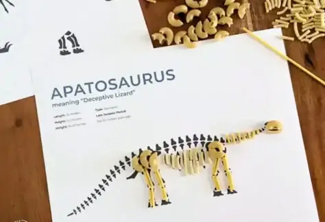Image of a dinosaur skeleton made out of different pasta shapes
