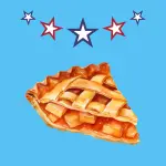 A slice of apple pie on a blue background, with red and blue stars above, links to more information
