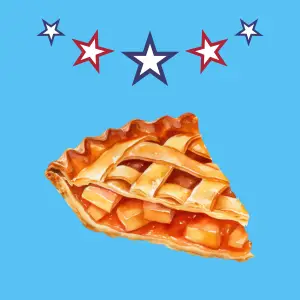 A slice of apple pie on a blue background, with red and blue stars above, links to more information