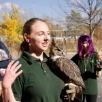 2 women in green shirts standing outside, each holding an owl on their arm, links to more information