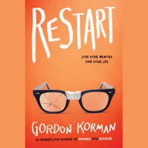 Book cover of "Restart" by Gordon Korman featuring cracked black glasses, links to more information