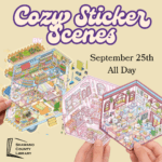 Hands holding up cute sticker sets. Text says, "Cozy Sticker Scenes."