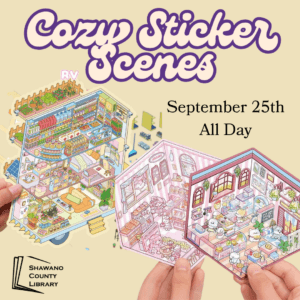 Hands holding up cute sticker sets. Text says, "Cozy Sticker Scenes."
