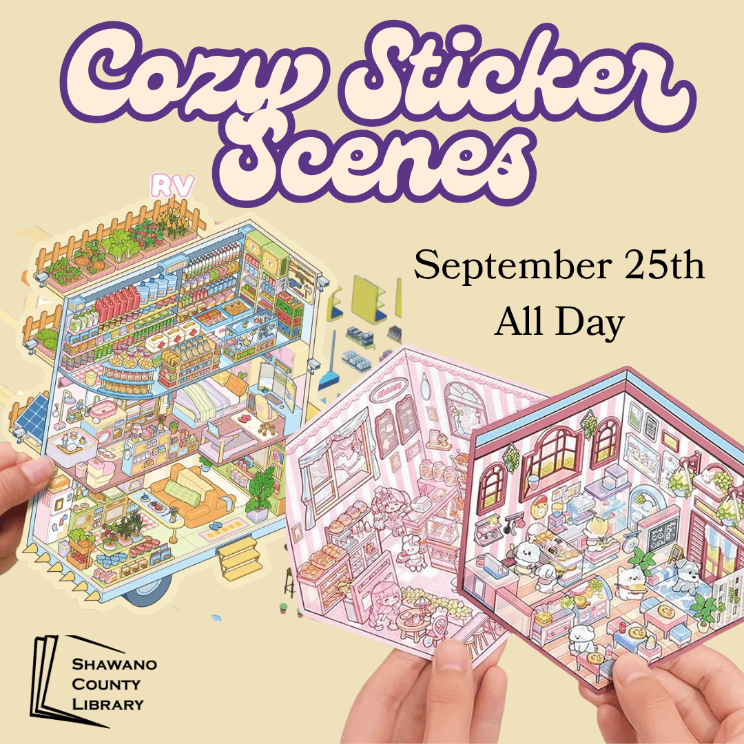 Hands holding up cute sticker sets. Text says, "Cozy Sticker Scenes."