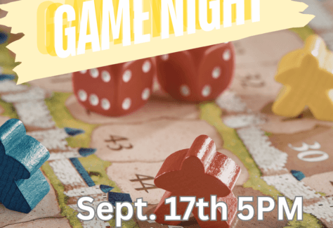 background of board game pieces. Text says, "Game Night. September 17th 5pm. Bonduel Library."