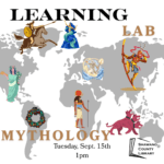 Gray world map with colored images of mythological being and creatures. Text says, "Learning Lab. Mythology."