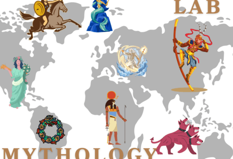 Gray world map with colored images of mythological being and creatures. Text says, "Learning Lab. Mythology."