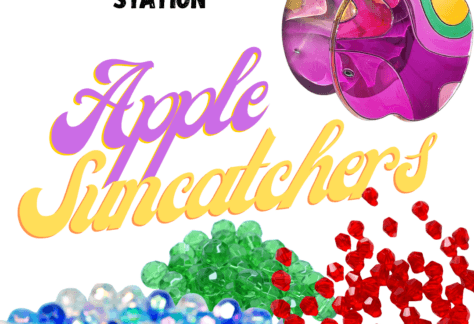 Purple colored apple shaped suncatcher image in top corner with blue, green, and red beads on the bottom. Text says, "September creation station. Apple Suncatchers."