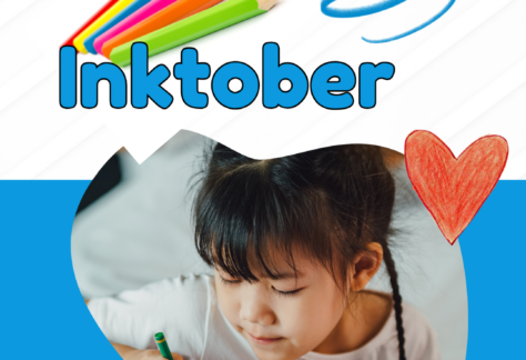 "Inktober" Image of child drawing Shawano County Library logo
