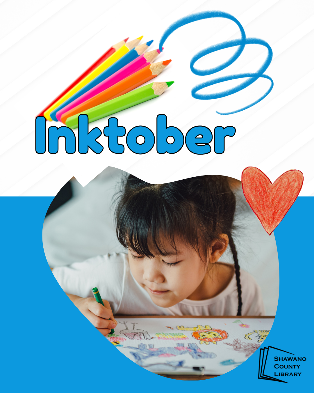 "Inktober" Image of child drawing Shawano County Library logo