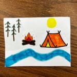 Image of a drawing of an outdoor nature scene with a tent and fire and trees