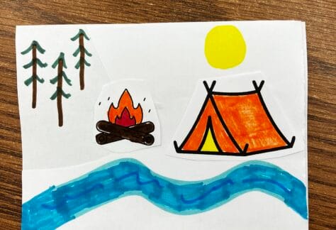 Image of a drawing of an outdoor nature scene with a tent and fire and trees