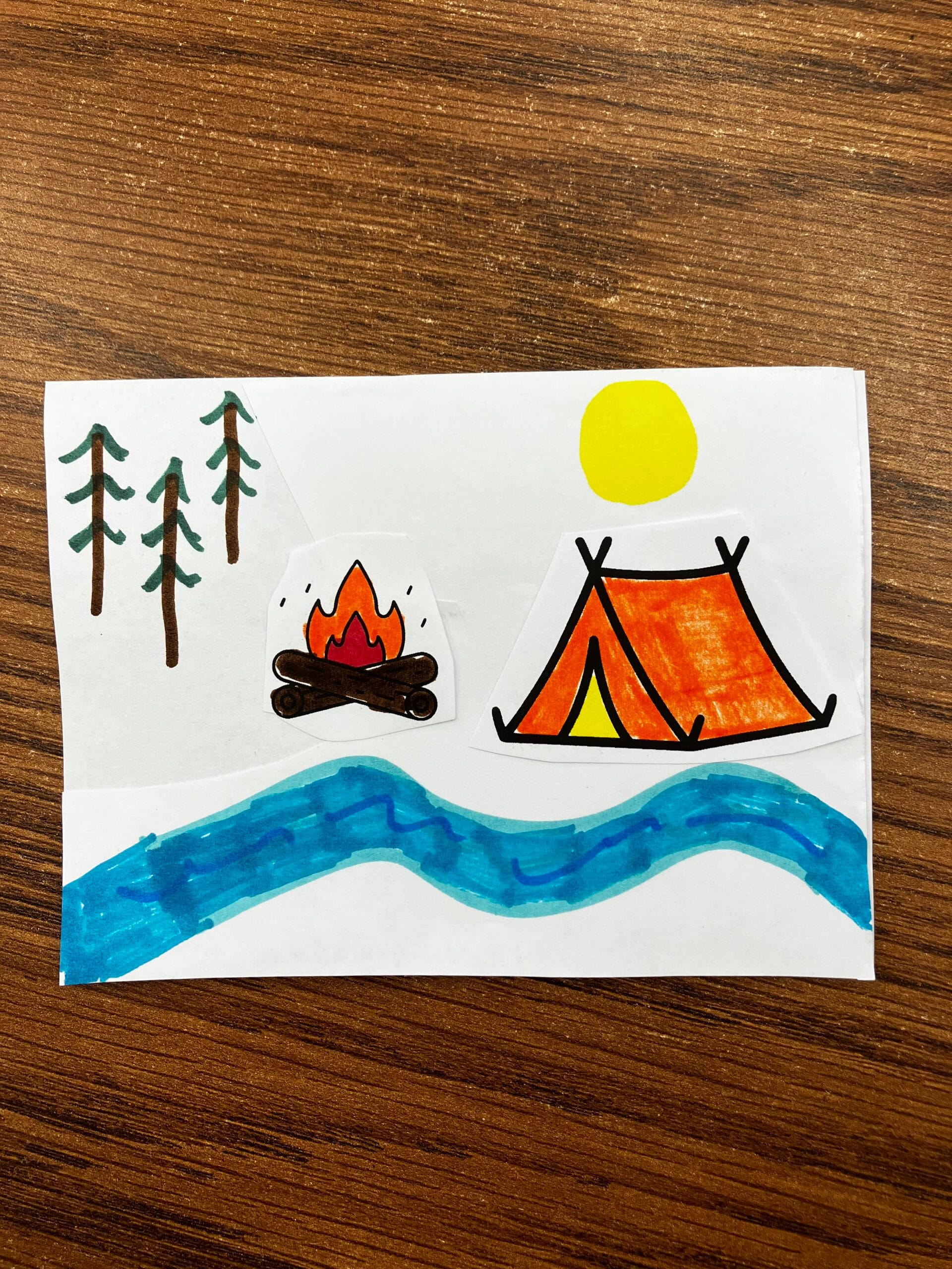 Image of a drawing of an outdoor nature scene with a tent and fire and trees