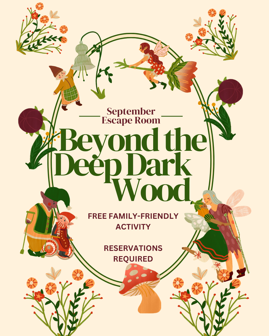 "September Escape Room Beyond the Deep Dark Wood free family-friendly activity reservations required" Images of frolicking fairies