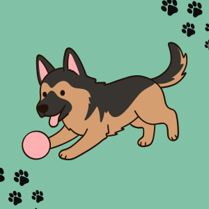 Cartoon German Shepherd chasing a pink ball on a green background, links to more information