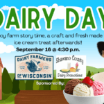 Farm background with cow and ice cream picture. Text in green says "Dairy Day" with the Shawano County Library logo.