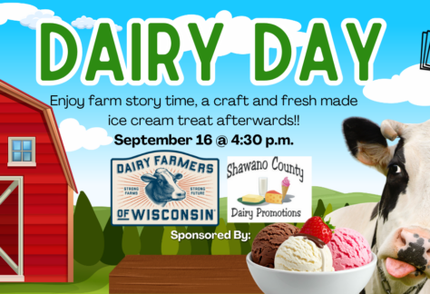 Farm background with cow and ice cream picture. Text in green says "Dairy Day" with the Shawano County Library logo.