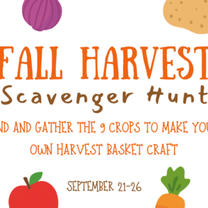 White background with vegetables. Text says Fall Harvest Scavenger Hunt in orange text.