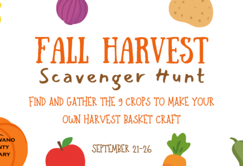 White background with vegetables. Text says Fall Harvest Scavenger Hunt in orange text.