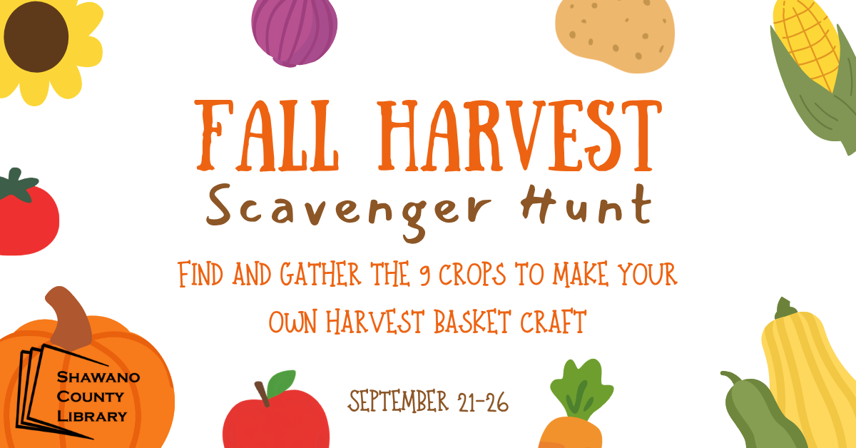 White background with vegetables. Text says Fall Harvest Scavenger Hunt in orange text.