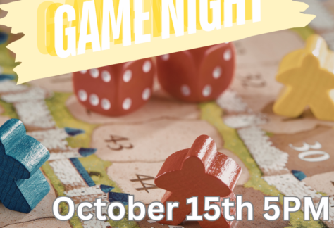 background of board game pieces. Text says, "Game Night. October 15th 5pm. Bonduel Library."