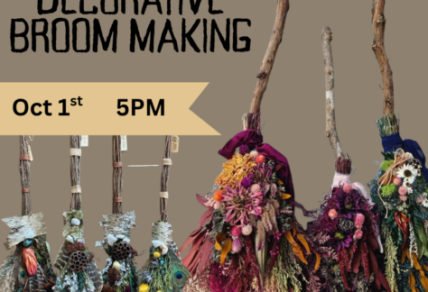 Images of rustic brooms with various greenery, flowers, and feathers as bristles. Text says, "Adult DIY. Decorative Broom Making. Oct 1st 5pm."