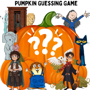 Image of pumpkin with a three white question marks. Character images of Harry Potter, Pete the Cat, Little Critter, Frodo Baggins, Elephant and Piggy, Matilda, and Aslan and the Snow Witch are gathered around it. Text says, "Pumpkin guessing game".