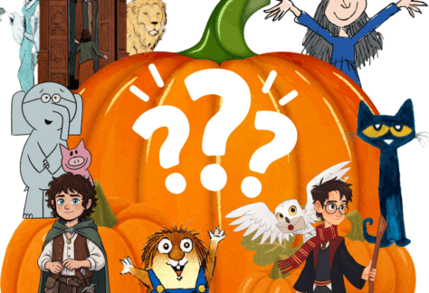 Image of pumpkin with a three white question marks. Character images of Harry Potter, Pete the Cat, Little Critter, Frodo Baggins, Elephant and Piggy, Matilda, and Aslan and the Snow Witch are gathered around it. Text says, "Pumpkin guessing game".
