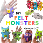 Images of hands holding various felt monster dolls. Text says, "DIY Felt Monsters".