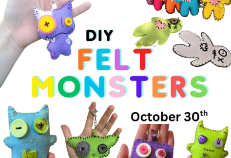 Images of hands holding various felt monster dolls. Text says, "DIY Felt Monsters".
