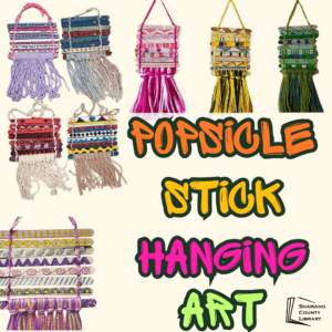 Image or faux weaved hangings made out of Popsicle sticks. Text says, "Popsicle stick hanging art."