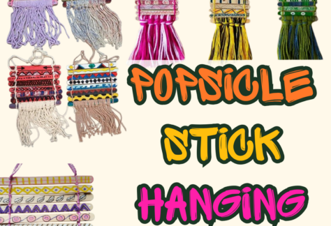 Image or faux weaved hangings made out of Popsicle sticks. Text says, "Popsicle stick hanging art."
