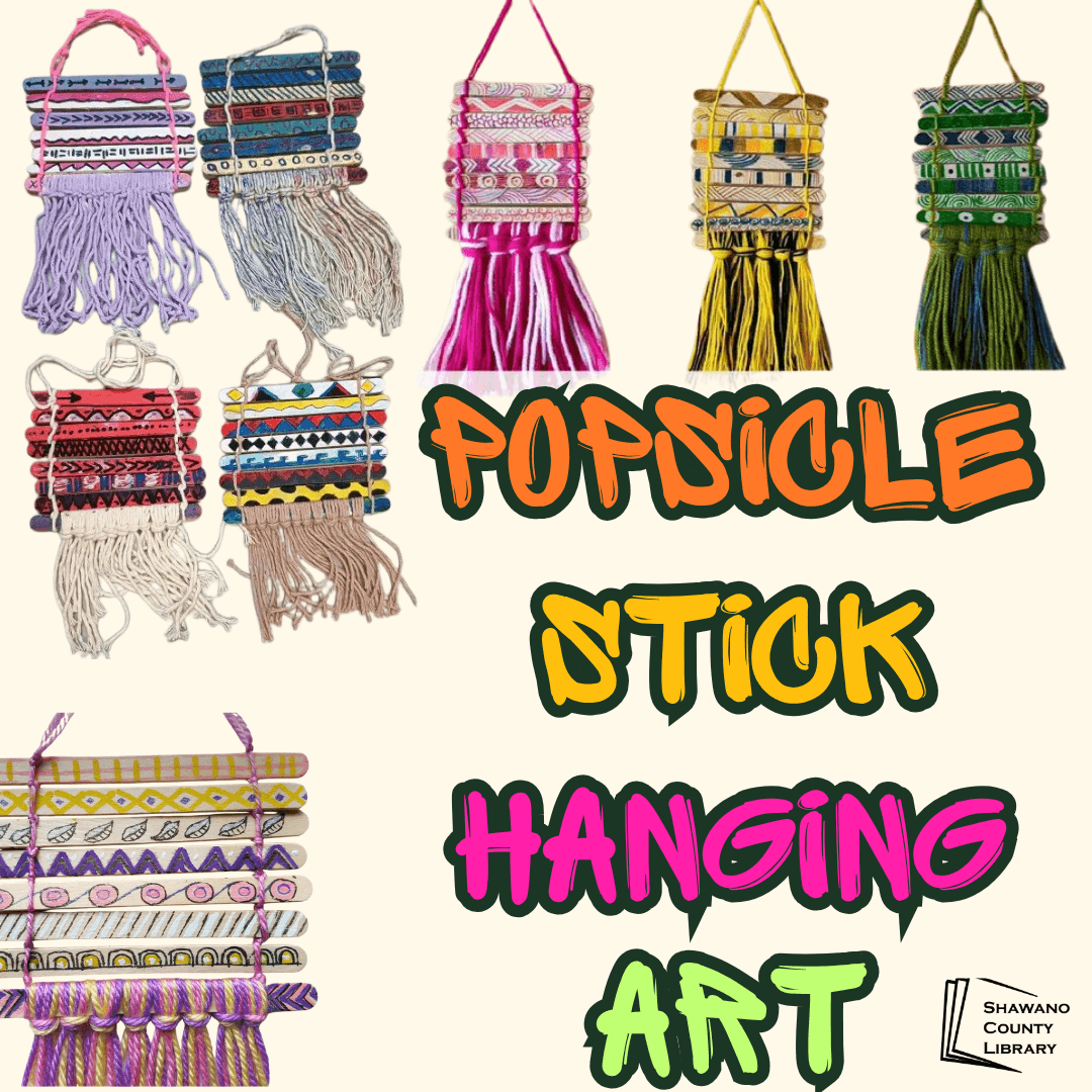 Image or faux weaved hangings made out of Popsicle sticks. Text says, "Popsicle stick hanging art."