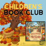 Cartoon fall apple orchard scene with picture of children's book Halloween in the Orchard.