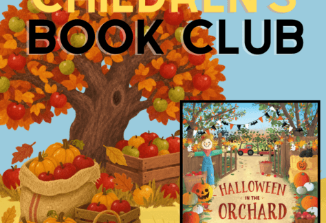 Cartoon fall apple orchard scene with picture of children's book Halloween in the Orchard.