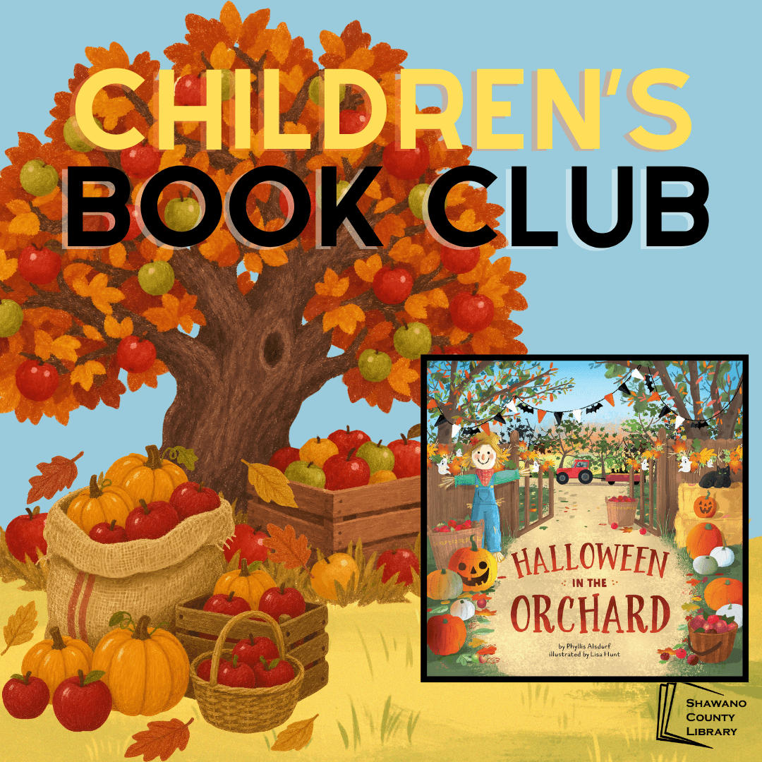 Cartoon fall apple orchard scene with picture of children's book Halloween in the Orchard.