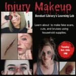 Black background with various images of cuts, bruises, back eyes, and scars on faces. Text reads, "Learning Lab. Injury Makeup."