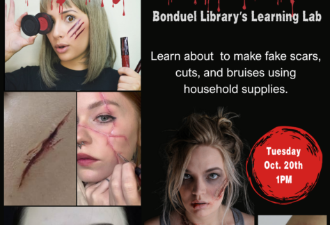 Black background with various images of cuts, bruises, back eyes, and scars on faces. Text reads, "Learning Lab. Injury Makeup."